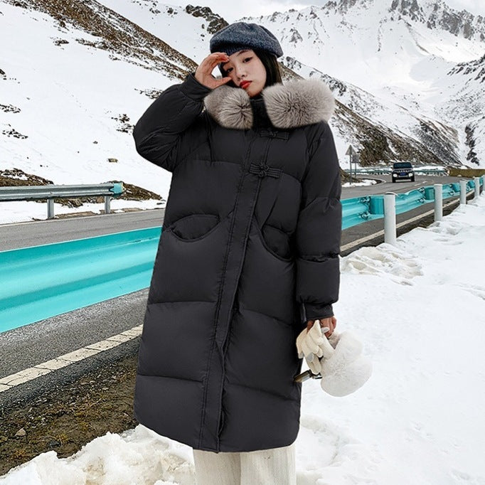 Women's Long Puffer Coat with Large Fur Collar - Winter Fashion Quilted Jacket