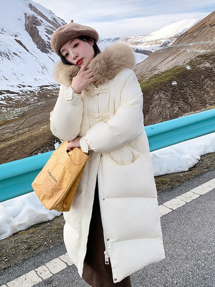 Women's Long Puffer Coat with Large Fur Collar - Winter Fashion Quilted Jacket
