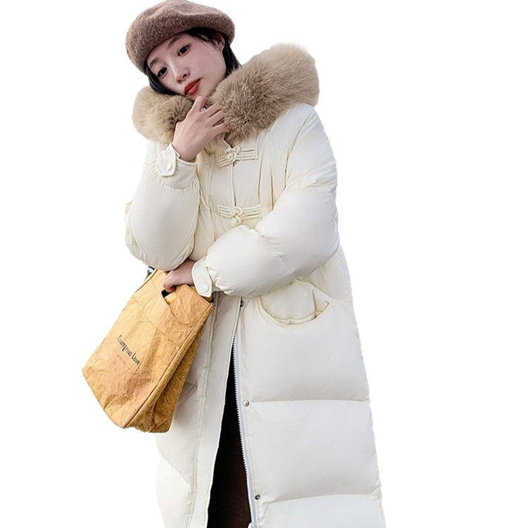 Women's Long Puffer Coat with Large Fur Collar - Winter Fashion Quilted Jacket