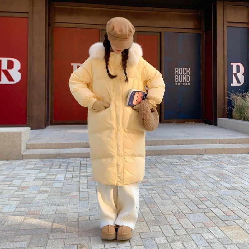 Women's Long Puffer Coat with Large Fur Collar - Winter Fashion Quilted Jacket
