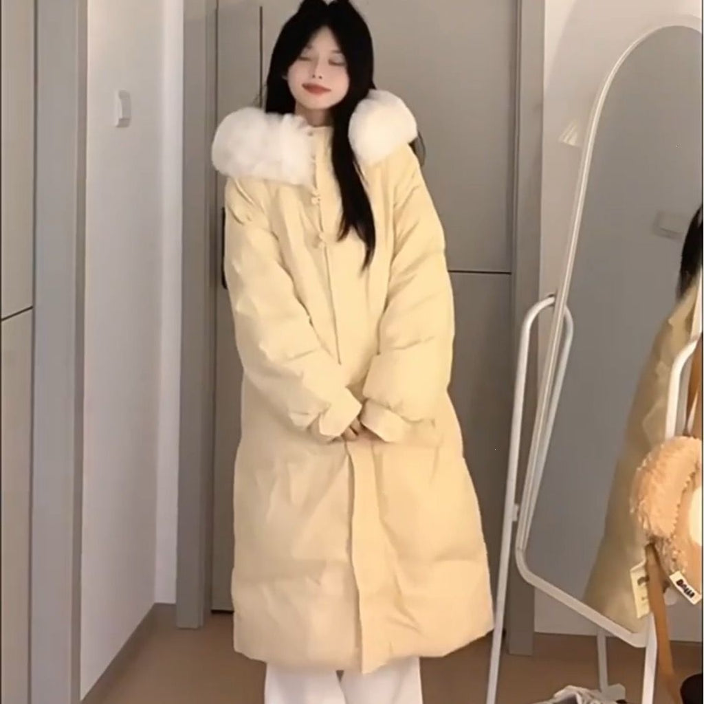 Women's Long Puffer Coat with Large Fur Collar - Winter Fashion Quilted Jacket