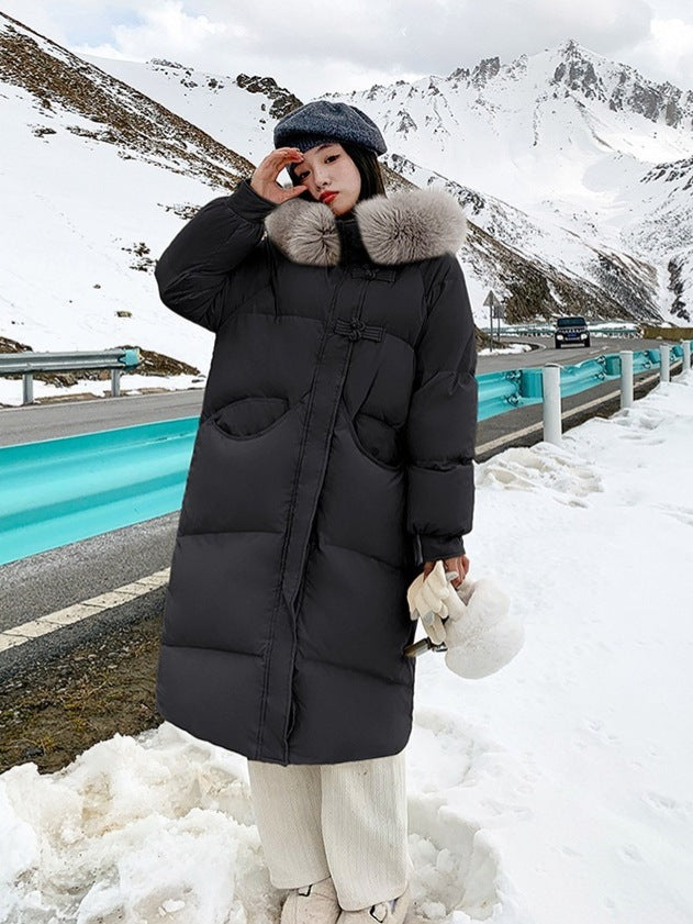 Women's Long Puffer Coat with Large Fur Collar - Winter Fashion Quilted Jacket